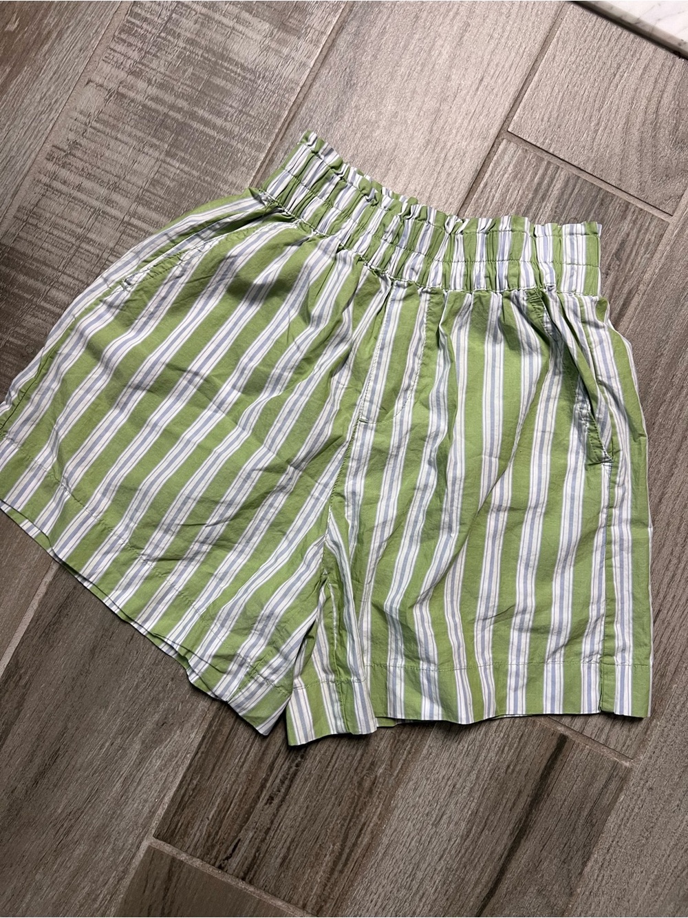 Arie Light Green Striped Women’s Elastic Waist Shorts